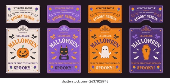 Halloween decorative banners and stickers with playful spooky drawings. Creepy graphic decorative elements with pumpkins and ghosts, cards and texts with party announce. Vector illustration.
