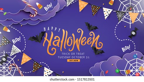 Halloween Decorative Border made of Festive Elements Background and "Halloween" text Calligraphic Lettering Vector illustration. 
