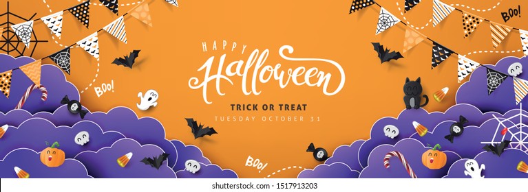 Halloween Decorative Border made of Festive Elements Background and "Halloween" text Calligraphic Lettering Vector illustration. 