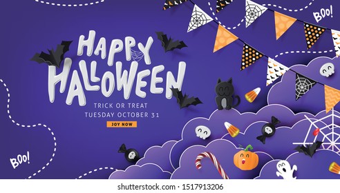 Halloween Decorative Border made of Festive Elements Background and "Halloween" text Calligraphic Lettering Vector illustration. 