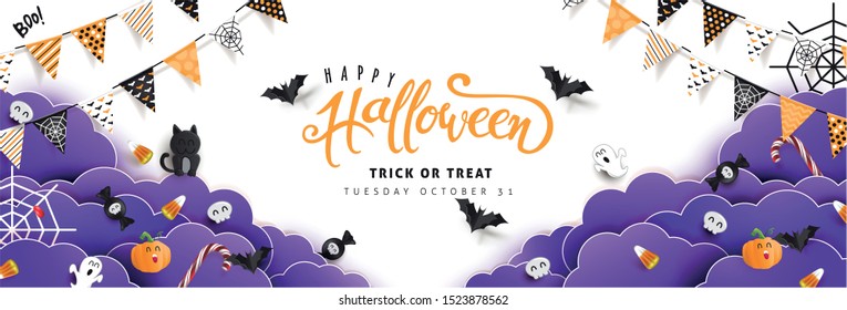 Halloween Decorative Border made of Festive Elements Background and "Halloween" text Calligraphic Lettering Vector illustration. 