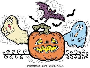 Composición vectorial de diseño decorativo de Halloween. Calabaza. fantasma, murciélago. Ilustración dibujada a mano para la impresión de afiches, invitación de partido, promoción de ventas, anuncio de banner. Personajes cómicos divertidos y aterradores.