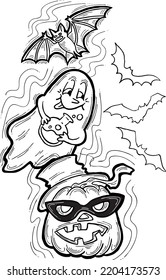 Halloween decorative design vector composition. Pumpkin. ghost, bat. Hand drawn illustration for poster print, party invitation, sale promotion, banner advertisement. Funny, scary cartoon characters.