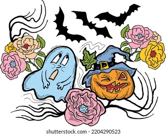 Halloween decorative design vector composition. Pumpkin. ghost, bat. Hand drawn illustration for poster print, party invitation, sale promotion, banner advertisement. Funny, scary cartoon characters.