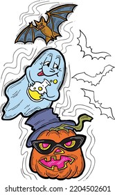 Halloween decorative design vector composition. Pumpkin. ghost, bat. Hand drawn illustration for poster print, party invitation, sale promotion, banner advertisement. Funny, scary cartoon characters.