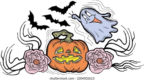 Halloween decorative design vector composition. Pumpkin. ghost, bat. Hand drawn illustration for poster print, party invitation, sale promotion, banner advertisement. Funny, scary cartoon characters.