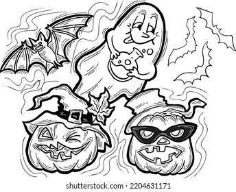 Halloween decorative design vector composition. Pumpkin. ghost, bat. Hand drawn illustration for poster print, party invitation, sale promotion, banner advertisement. Funny, scary cartoon characters.