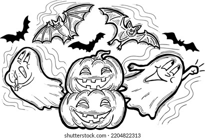 Halloween decorative design vector composition. Pumpkin. ghost, bat. Hand drawn illustration for poster print, party invitation, sale promotion, banner advertisement. Funny, scary cartoon characters.