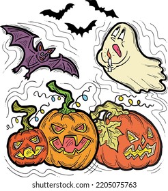 Composición vectorial de diseño decorativo de Halloween. Calabaza. fantasma, murciélago. Ilustración dibujada a mano para la impresión de afiches, invitación de partido, promoción de ventas, anuncio de banner. Personajes cómicos divertidos y aterradores.