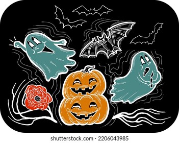 Halloween decorative design vector composition. Pumpkin. ghost, bat. Hand drawn illustration for poster print, party invitation, sale promotion, banner advertisement. Funny, scary cartoon characters.