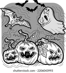 Halloween decorative design vector composition. Pumpkin. ghost, bat. Hand drawn illustration for poster print, party invitation, sale promotion, banner advertisement. Funny, scary cartoon characters.