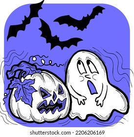 Halloween decorative design vector composition. Pumpkin. ghost, bat. Hand drawn illustration for poster print, party invitation, sale promotion, banner advertisement. Funny, scary cartoon characters.