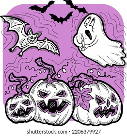 Halloween decorative design vector composition. Pumpkin. ghost, bat. Hand drawn illustration for poster print, party invitation, sale promotion, banner advertisement. Funny, scary cartoon characters.