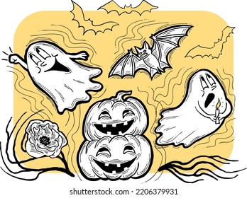 Halloween decorative design vector composition. Pumpkin. ghost, bat. Hand drawn illustration for poster print, party invitation, sale promotion, banner advertisement. Funny, scary cartoon characters.