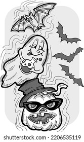 Halloween decorative design vector composition. Pumpkin. ghost, bat. Hand drawn illustration for poster print, party invitation, sale promotion, banner advertisement. Funny, scary cartoon characters.