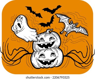 Halloween decorative design vector composition. Pumpkin. ghost, bat. Hand drawn illustration for poster print, party invitation, sale promotion, banner advertisement. Funny, scary cartoon characters.