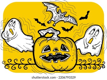 Halloween decorative design vector composition. Pumpkin. ghost, bat. Hand drawn illustration for poster print, party invitation, sale promotion, banner advertisement. Funny, scary cartoon characters.