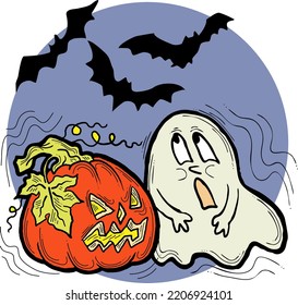 Halloween decorative design vector composition. Pumpkin. ghost, bat. Hand drawn illustration for poster print, party invitation, sale promotion, banner advertisement. Funny, scary cartoon characters.