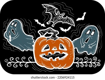 Halloween decorative design vector composition. Pumpkin. ghost, bat. Hand drawn illustration for poster print, party invitation, sale promotion, banner advertisement. Funny, scary cartoon characters.