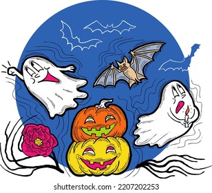 Halloween decorative design vector composition. Pumpkin. ghost, bat. Hand drawn illustration for poster print, party invitation, sale promotion, banner advertisement. Funny, scary cartoon characters.