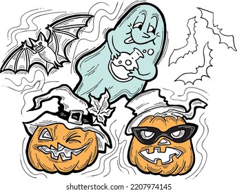 Composición vectorial de diseño decorativo de Halloween. Calabaza. fantasma, murciélago. Ilustración dibujada a mano para la impresión de afiches, invitación de partido, promoción de ventas, anuncio de banner. Personajes cómicos divertidos y aterradores.