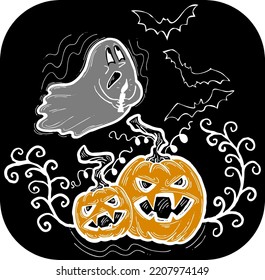 Halloween decorative design vector composition. Pumpkin. ghost, bat. Hand drawn illustration for poster print, party invitation, sale promotion, banner advertisement. Funny, scary cartoon characters.