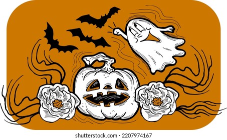 Halloween decorative design vector composition. Pumpkin. ghost, bat. Hand drawn illustration for poster print, party invitation, sale promotion, banner advertisement. Funny, scary cartoon characters.
