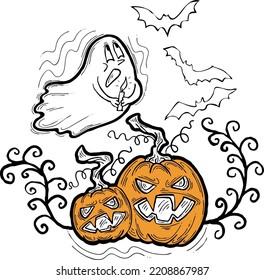 Halloween decorative design vector composition. Pumpkin. ghost, bat. Hand drawn illustration for poster print, party invitation, sale promotion, banner advertisement. Funny, scary cartoon characters.