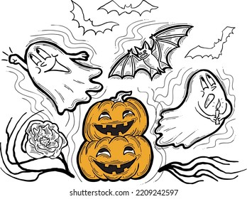 Halloween decorative design vector composition. Pumpkin. ghost, bat. Hand drawn illustration for poster print, party invitation, sale promotion, banner advertisement. Funny, scary cartoon characters.