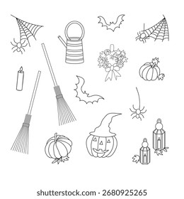 Dia das Bruxas. Elementos decorativos à mão desenhados.