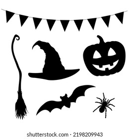Halloween decorative elements, set of halloween party silhouettes, black vector symbols, pennants, pumpkin, witch hat, broom, bat, spider