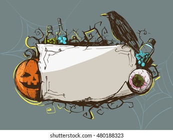 Halloween decorative frame with pumpkin and black raven. Vector illistration