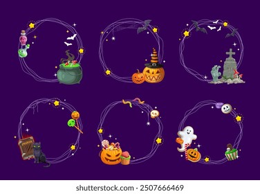 Halloween decorative frames with flying bats, holiday sweets and characters. Vector round borders with spooky jack lantern pumpkins, desserts, black cat and witch cauldron, delightful festive decor