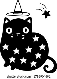 Halloween decorative illustration astrologer witch cat with stars on white background. Drawn by hand doodle vector of black magical cat reading stars. Postcard halloween decorations.