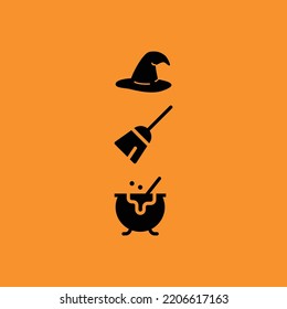 Halloween decorative items; witch, hat, poison, broomstick.