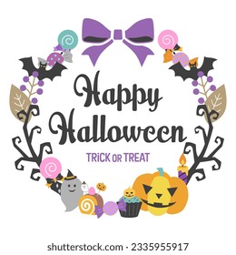Halloween decorative logo frame design with a pumpkin, ghosts, trees,candy,treat and a bat. Vector illustration.