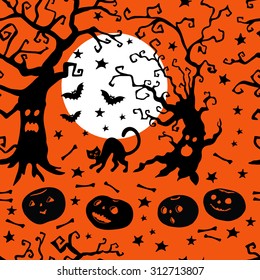 Halloween decorative pattern. Hand drawing. Seamless for fabric design, gift wrapping paper and printing and web projects.