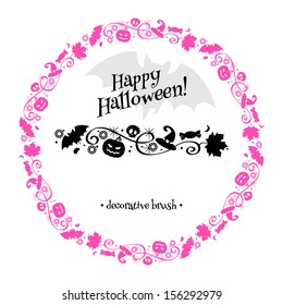 Halloween decorative pink brush. Halloween symbols combined repeatedly.