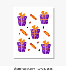 Halloween decorative poster or greeting card with funny violet gift boxes, sweet orange candies on white background, decor for a party or home - vector template