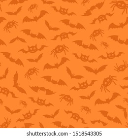 Halloween decorative seamless pattern. Bats and spiders on orange backdrop. Holiday design for party decorations.