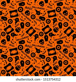 Halloween decorative seamless pattern.  Skulls, ghosts and vampire teeth on orange backdrop. Holiday design for party decorations.