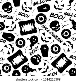 Halloween decorative seamless pattern. Skulls, ghosts and vampire teeth on white backdrop. Holiday design for party decorations.