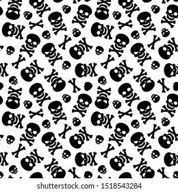 Halloween decorative seamless pattern. Skulls and bones on white backdrop. Holiday design for party decorations.