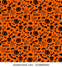 Halloween decorative seamless pattern. Skulls, ghosts and vampire teeth on orange backdrop. Holiday design for party decorations.