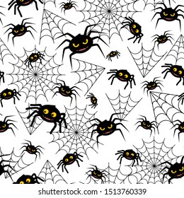 Halloween decorative seamless pattern. Spiders with web on white backdrop. Holiday design for party decorations.