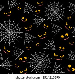 Halloween decorative seamless pattern. Spiders with web on black backdrop. Holiday design for party decorations.