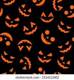 Halloween decorative seamless pattern. Spooky pumpkins faces on black backdrop. Holiday design for party decorations.