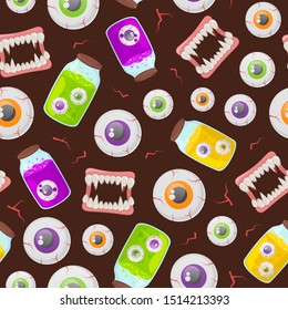 Halloween decorative seamless pattern. Zombie dead eyes and vampire teeth on brown backdrop. Holiday design for party decorations.