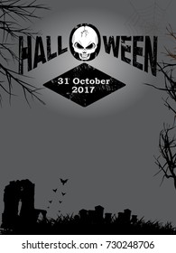 Halloween Decorative Text with Skull and Date Over Dark Creepy Background with Trees Graveyard and Bats