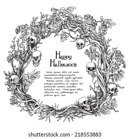 Halloween decorative wreath frame for text black and white background